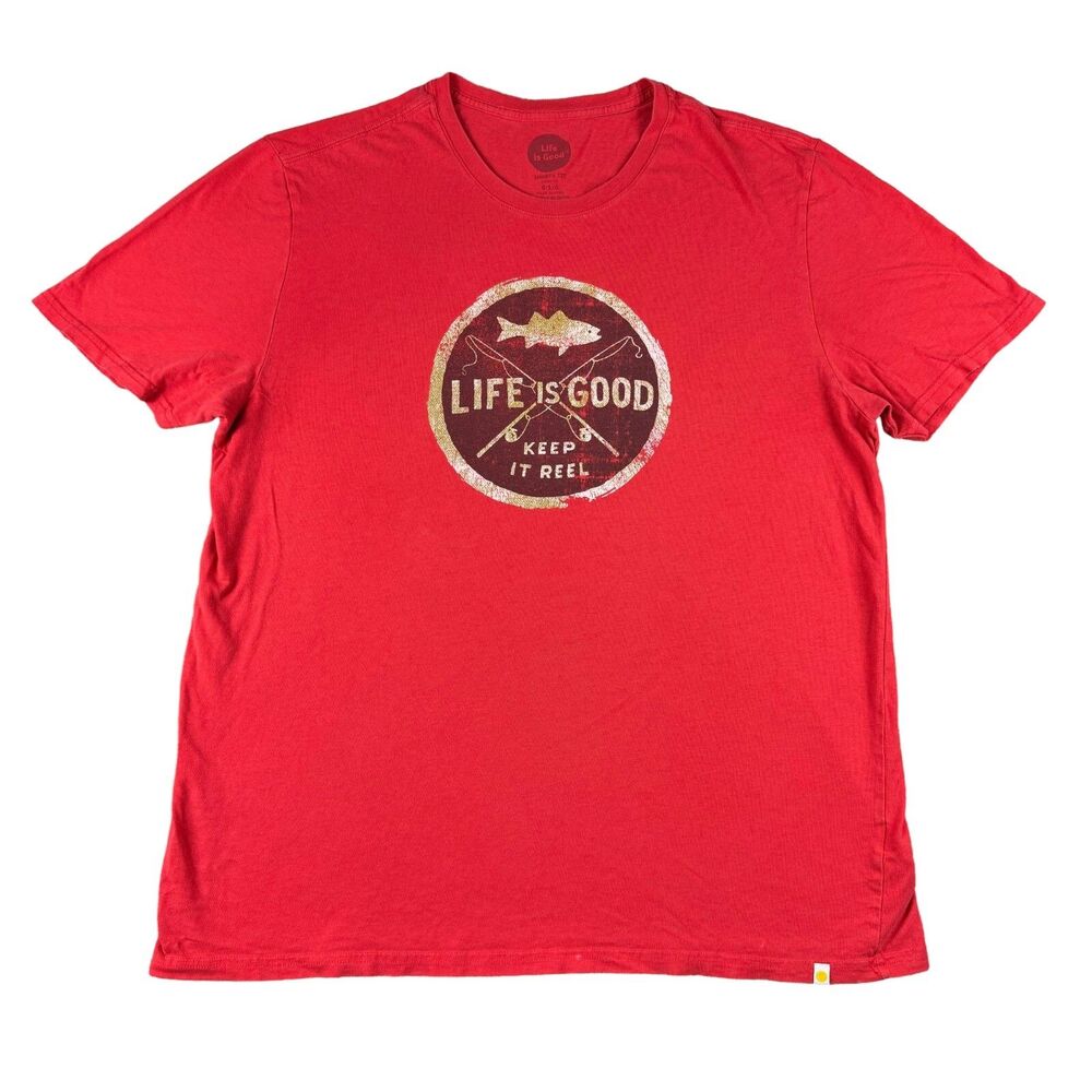 Life Is Good Shirt Mens Large Red Short Sleeve Fishing Outdoor Keep It Reel Top